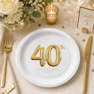 Gold Forty 40th Birthday Balloon Party Paper Plates