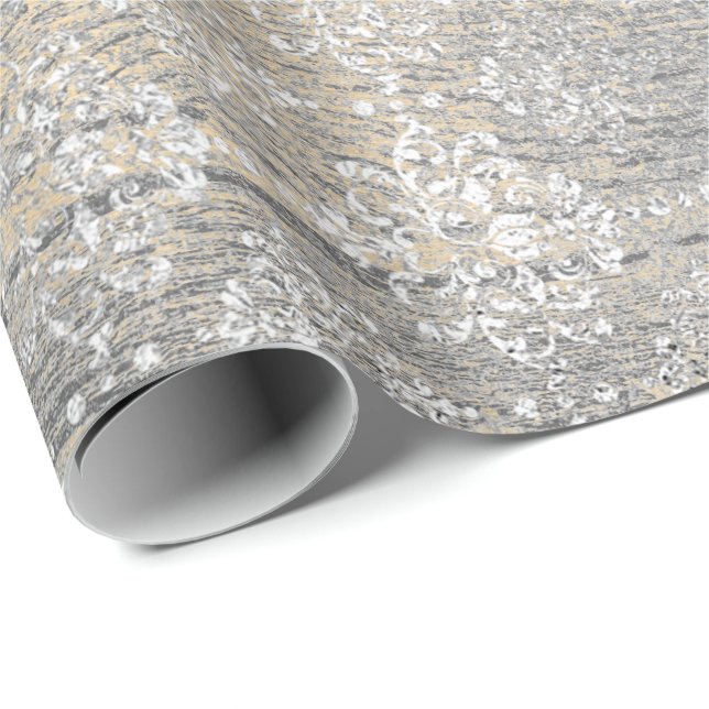 Gold Foxier Damask Silver Gray Wood Shabby Rustic Wrapping Paper (Roll Corner)