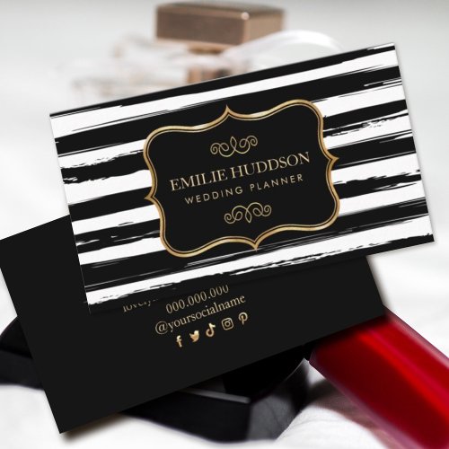 Gold Frame Abstract Black White Stripes  Business Card