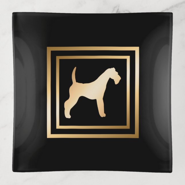 Gold Frame Airedale on Black Trinket Tray (Front)