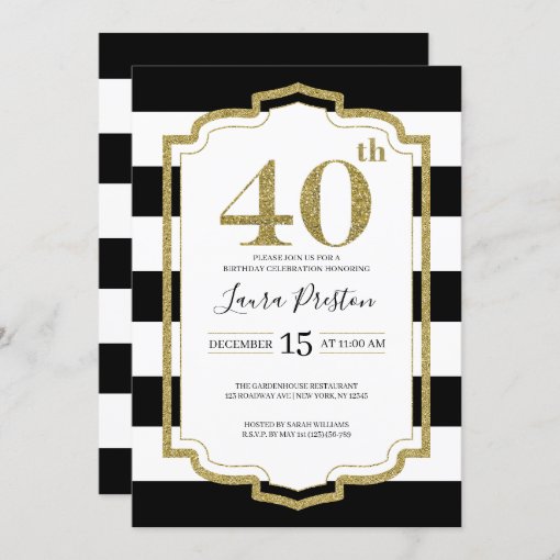 Gold Frame and Black Stripes Glitter 40th Birthday Invitation | Zazzle