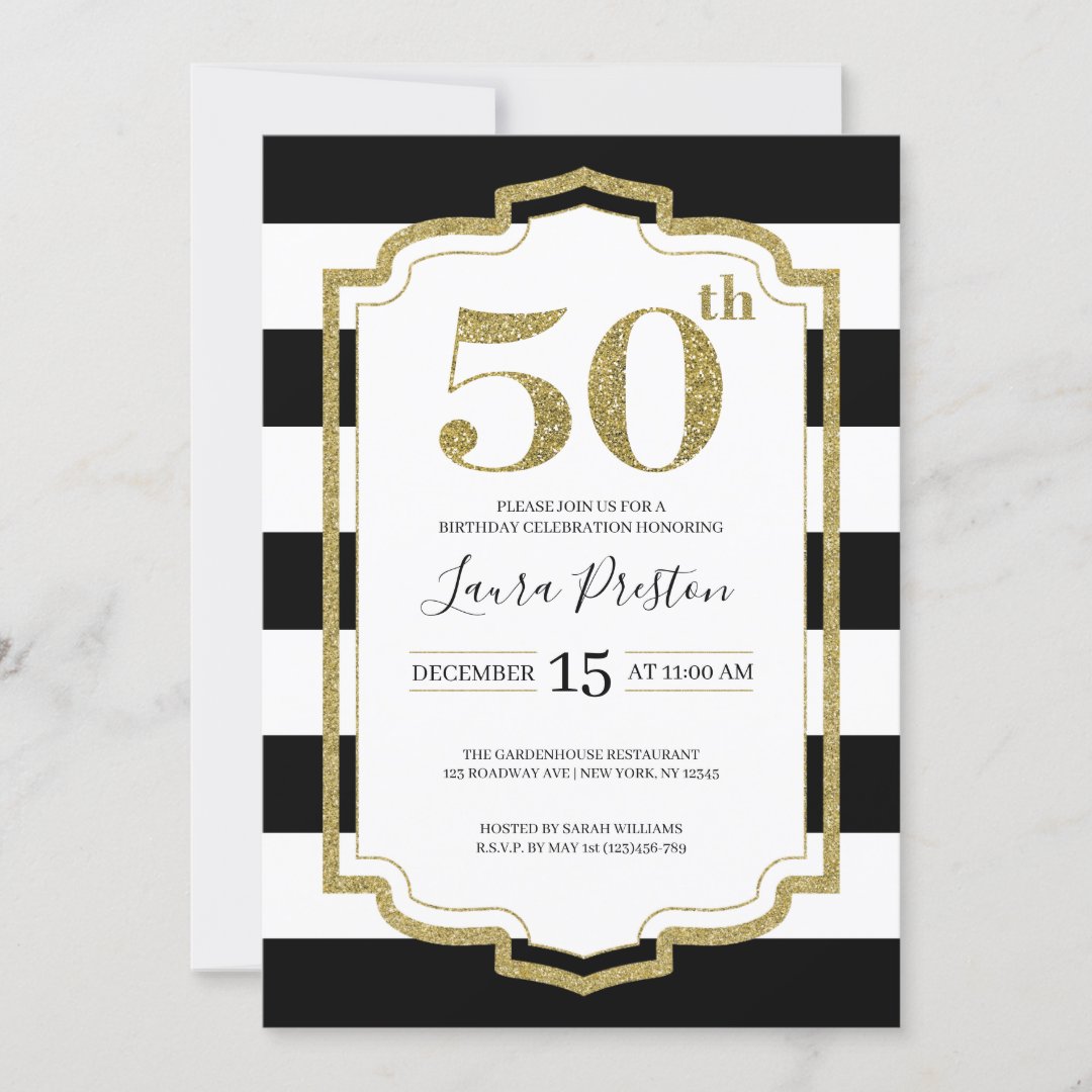 Gold Frame and Black Stripes Glitter 50th Birthday Invitation | Zazzle