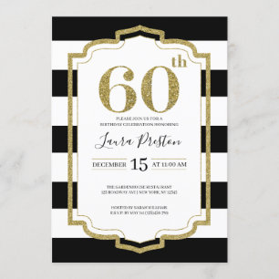 Gold Frame and Black Stripes Glitter 60th Birthday Invitation