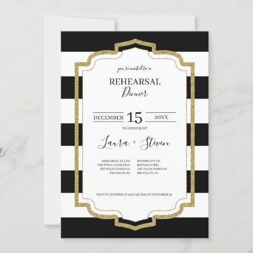 Gold Frame and Black Stripes Rehearsal Dinner Invitation