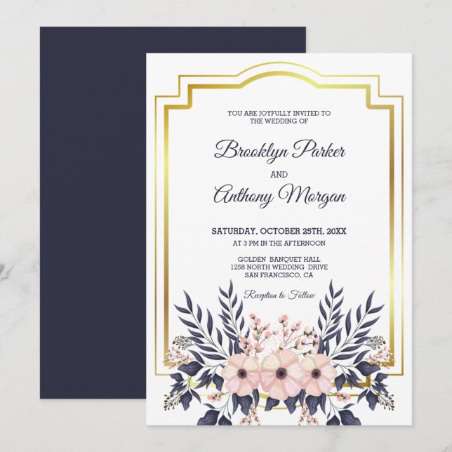 Gold Frame And Flower Bouquet Wedding Invitation (Front/Back)