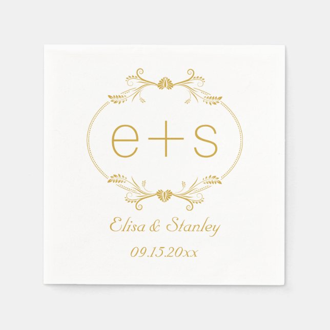 Gold frame and initials elegant monogram wedding napkins (Front)