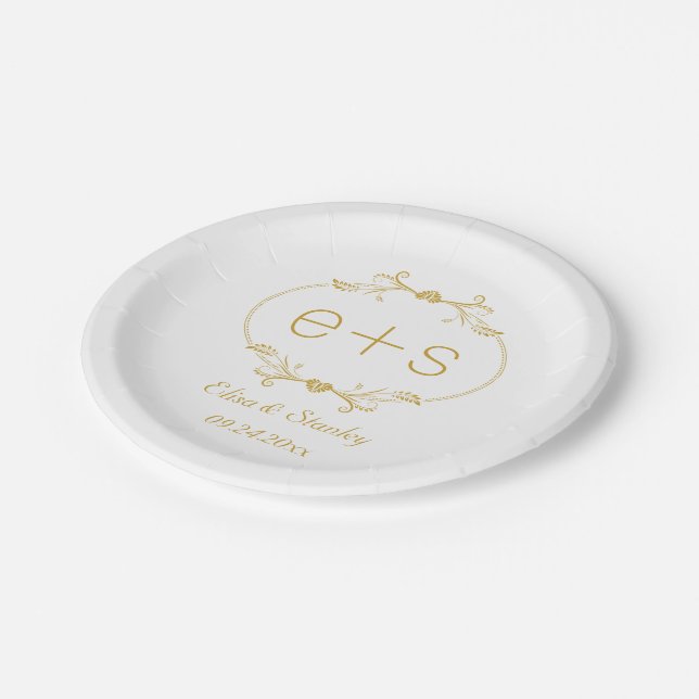 Gold frame and initials elegant monogram wedding paper plates (Angled)