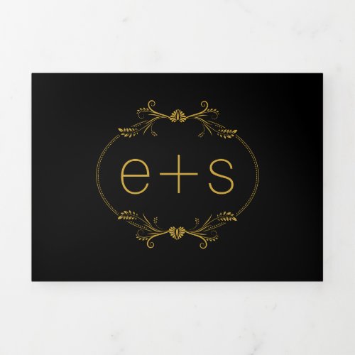 Gold frame and initials monogram black wedding Tri_Fold invitation