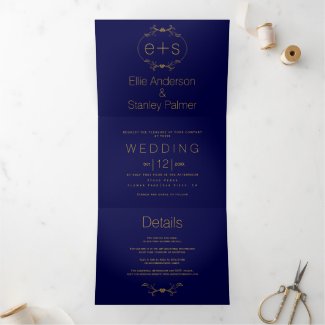 Gold frame and initials monogram navy blue wedding Tri-Fold invitation