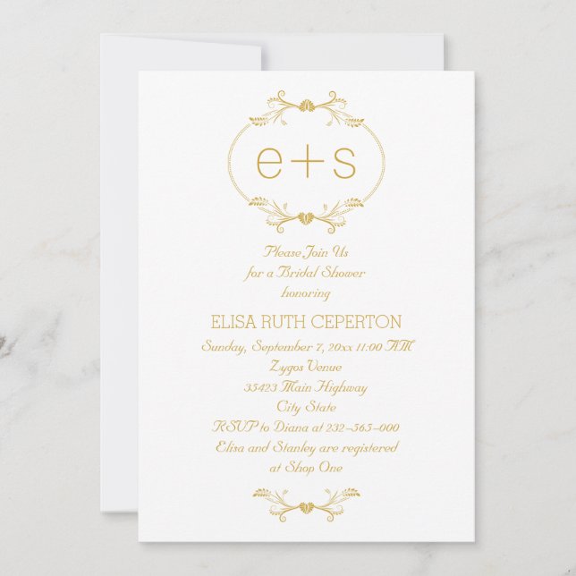 Gold frame and monogram wedding bridal shower invitation (Front)