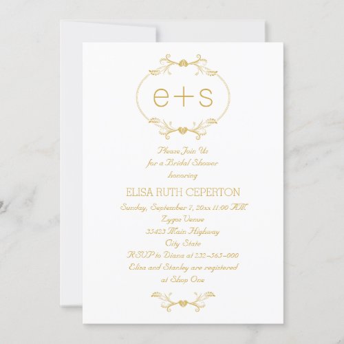 Gold frame and monogram wedding bridal shower invitation