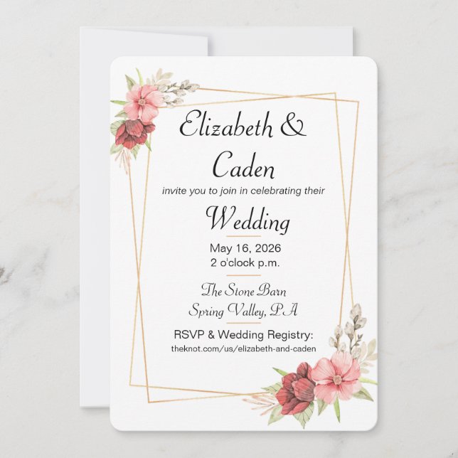 Gold frame and pink floral wedding invitation (Front)