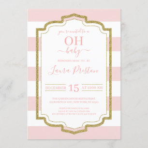 Gold Frame and Pink Stripes OH Baby Shower Invitation