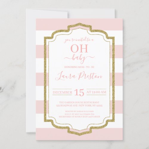 Gold Frame and Pink Stripes OH Baby Shower Invitation