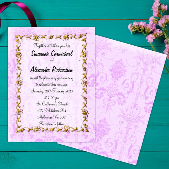 Gold Frame and Purple Damask Wedding Invitation (Creator Uploaded)