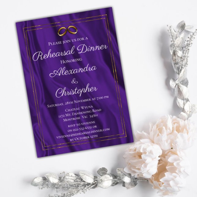 Gold Frame and Purple Silk Wedding Rehearsal Invitation (Creator Uploaded)