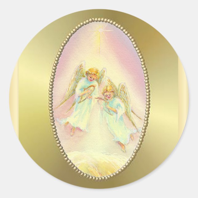 GOLD FRAME & ANGELS by SHARON SHARPE Classic Round Sticker (Front)