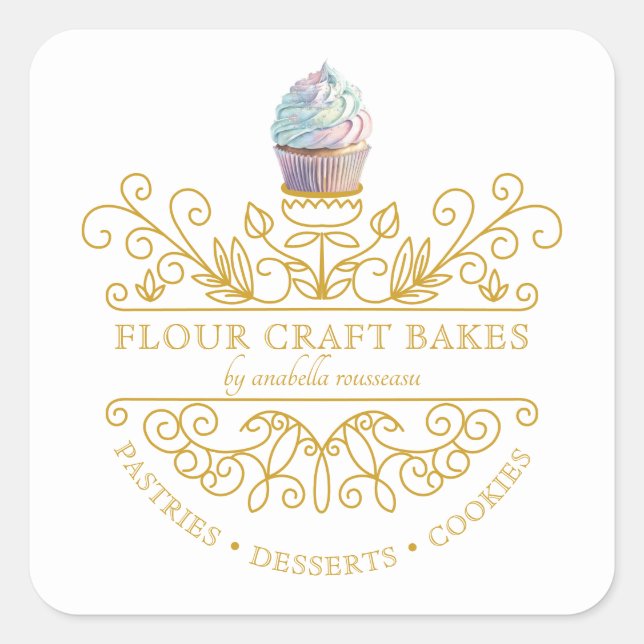 Gold Frame Bakery Baker's Logo Business Card Square Sticker (Front)