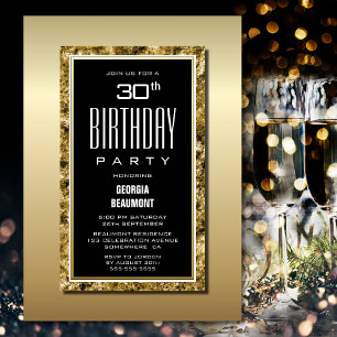 Gold Frame Black 30th Birthday Party Invitation