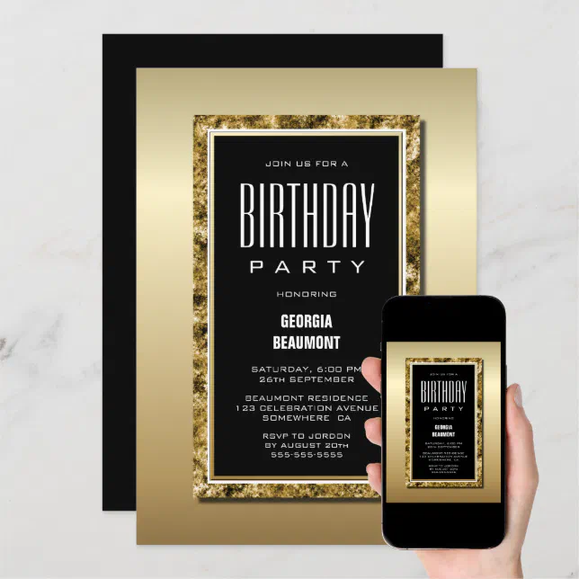 Gold Frame Black Birthday Party Invitation | Zazzle