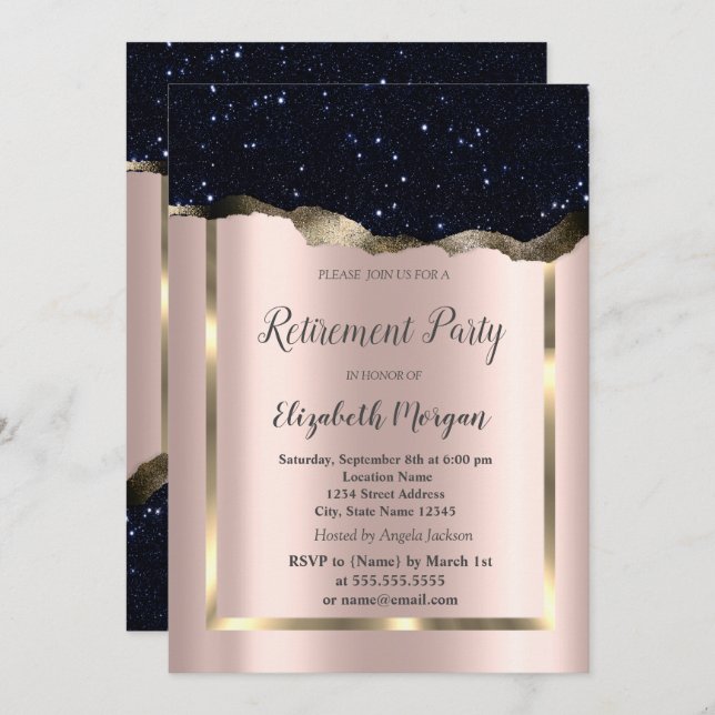  Gold Frame,Black Glitter Rose Gold Retirement Invitation (Front/Back)