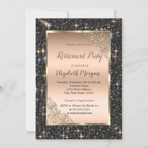  Gold Frame Black Glitter Sparkle Retirement Invitation