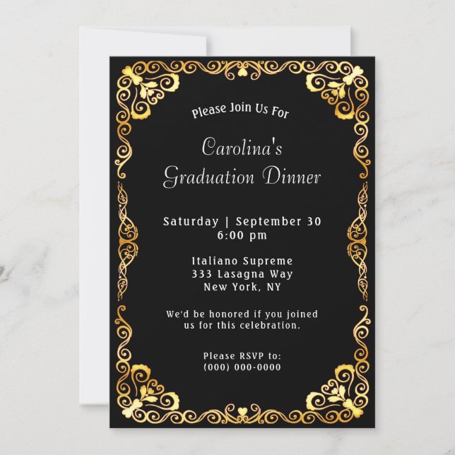 Gold Frame Black Graduation Invitation (Front)