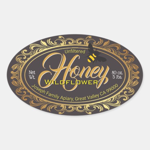 Gold Frame Black Honey Jar Oval Sticker