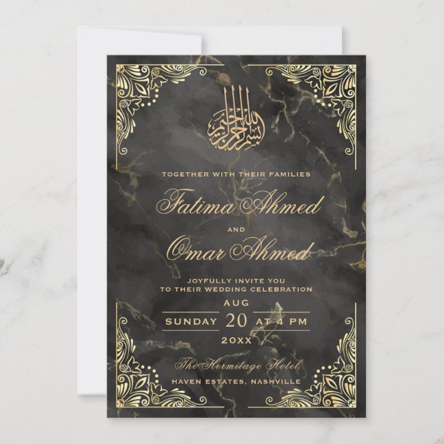 Gold Frame Black Marble Islamic Muslim Wedding Invitation (Front)