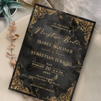 Gold Frame Black Marble Nuestra boda Spanish Invitation