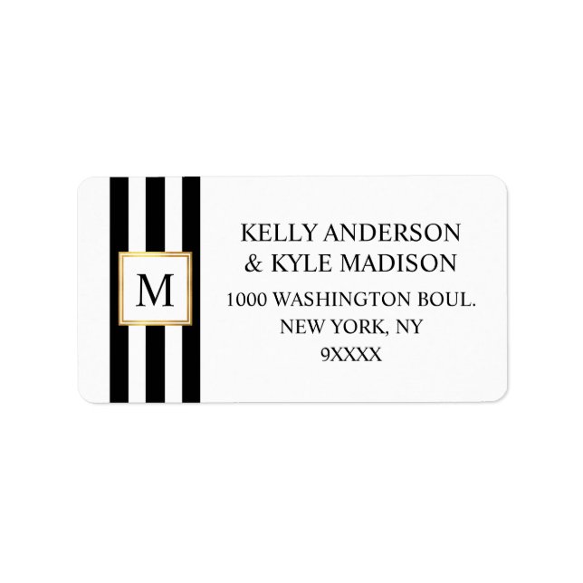 Gold Frame Black White Stripes Monogram Wedding Label (Front)