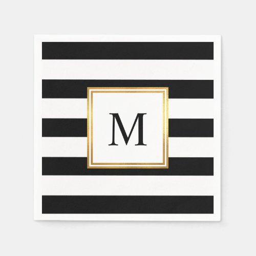 Gold Frame Black White Stripes Monogram Wedding Napkins