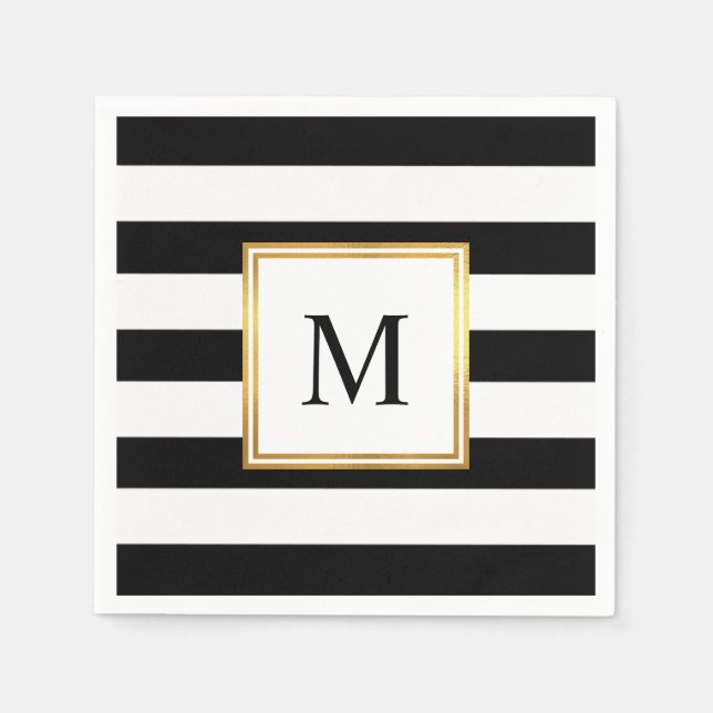 Gold Frame Black White Stripes Monogram Wedding Napkins (Front)
