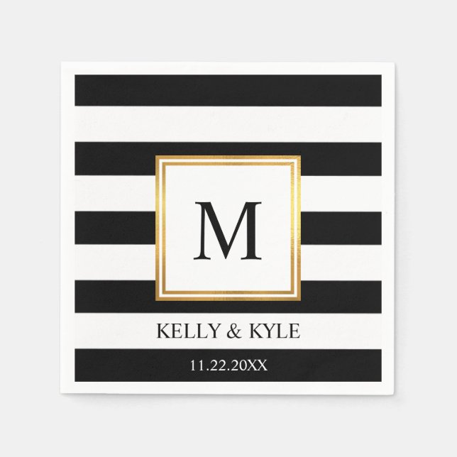 Gold Frame Black White Stripes Monogram Wedding Napkins (Front)