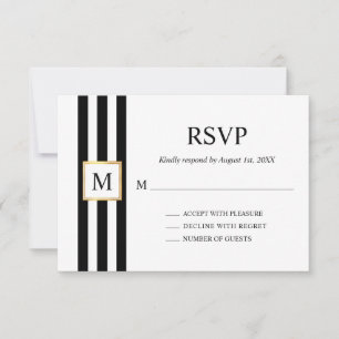 Gold Frame Black White Stripes Monogram Wedding RSVP Card