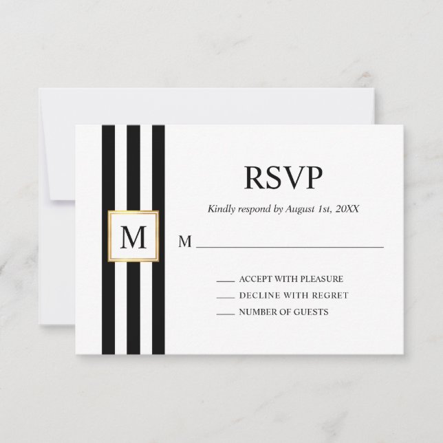 Gold Frame Black White Stripes Monogram Wedding RSVP Card (Front)