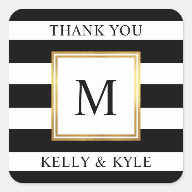 Gold Frame Black White Stripes Monogram Wedding Square Sticker (Front)