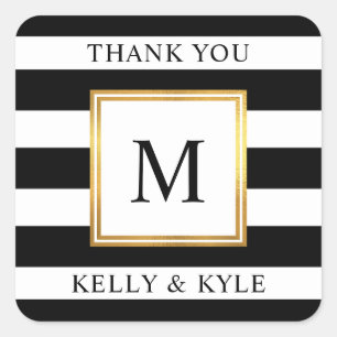 Gold Frame Black White Stripes Monogram Wedding Square Sticker