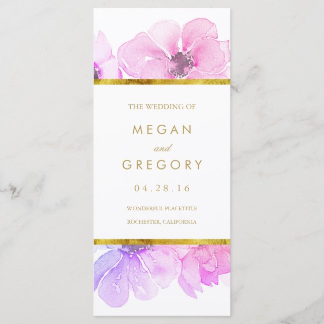 Gold Frame Blue and Purple Floral Wedding Programs (Front)