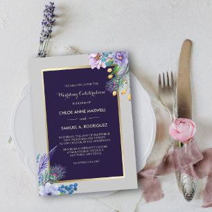 Gold Frame Blue Boho Floral Wedding Invitation