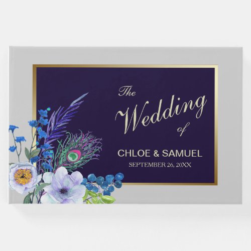 Gold Frame Blue Floral Wedding Guest Book