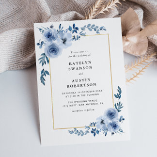 gold frame blue floral wedding invitation