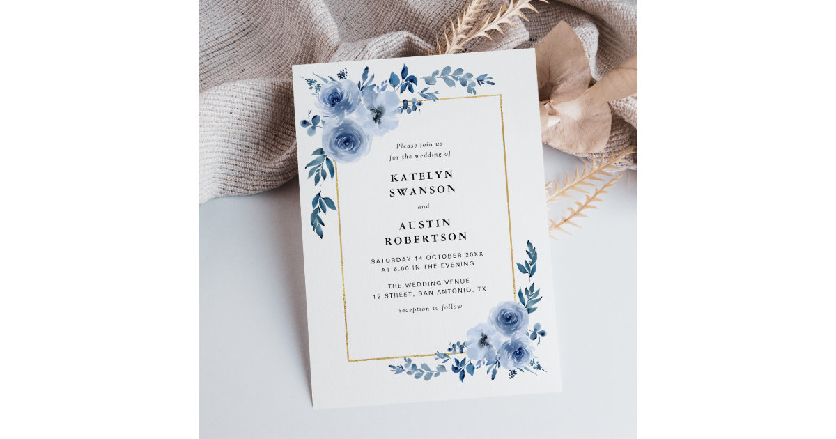 gold frame blue floral wedding invitation | Zazzle