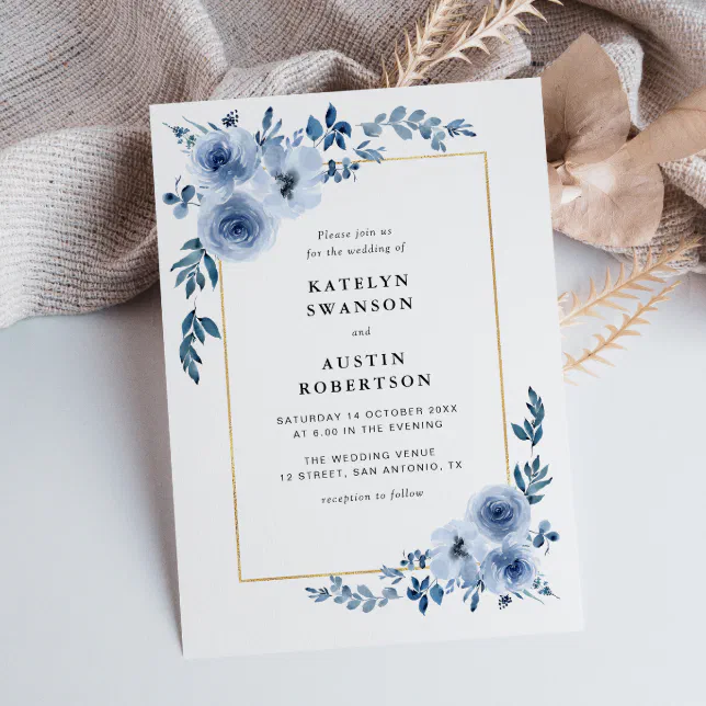 gold frame blue floral wedding invitation | Zazzle