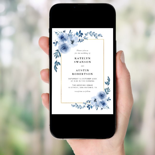 gold frame blue floral wedding invitation (Front Digital)
