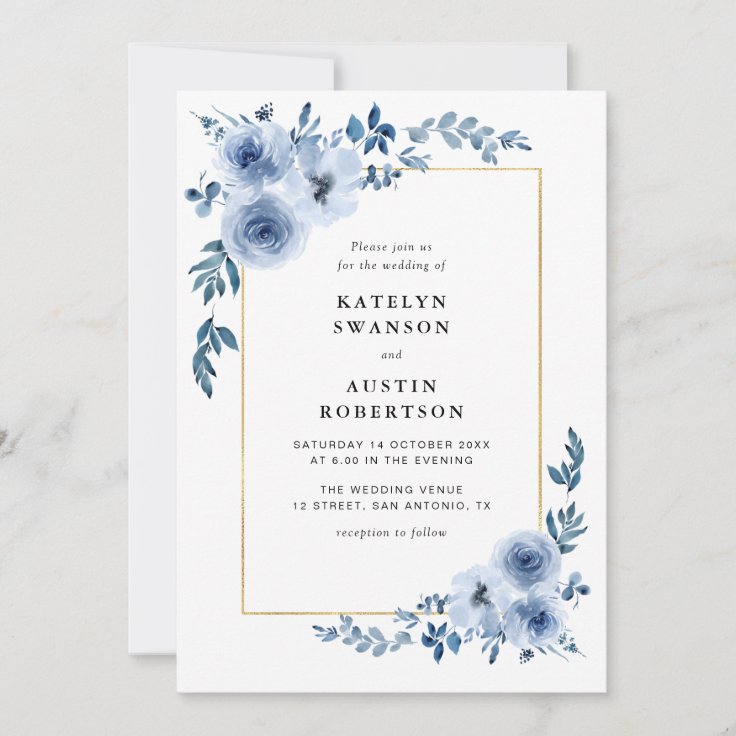 gold frame blue floral wedding invitation | Zazzle