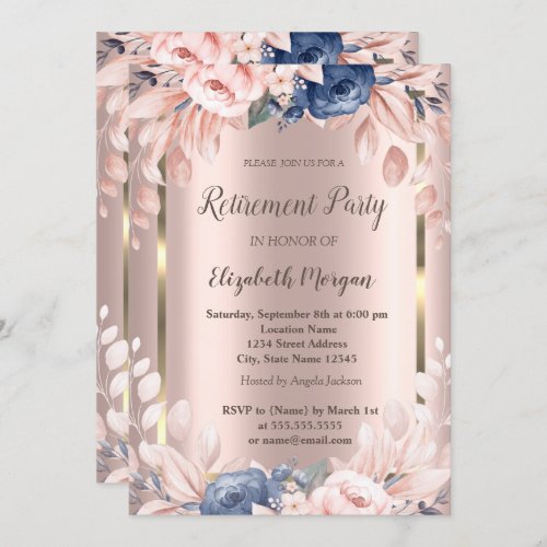 Gold FrameBlue Flowers Rose Gold Retirement  Invitation