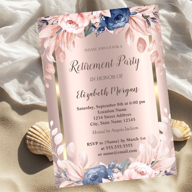 Gold Frame,Blue Flowers Rose Gold Retirement  Invitation (Creator Uploaded)