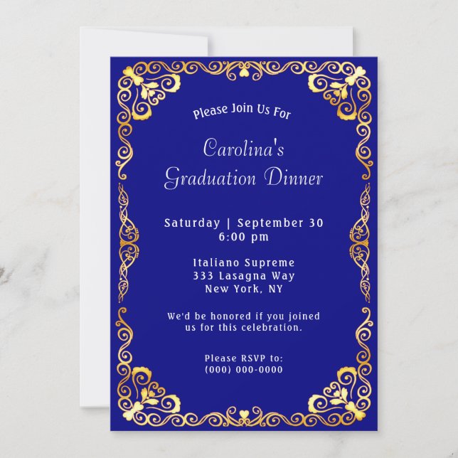 Gold Frame Blue Graduation Invitation (Front)