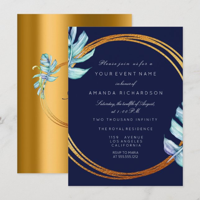 Gold Frame Blue Navy Monogram Tropical Bridal Wedd Invitation (Front/Back)
